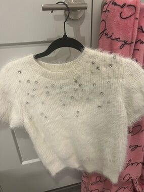 Fuzzy Ivory Beaded Short Sleeve Sweater